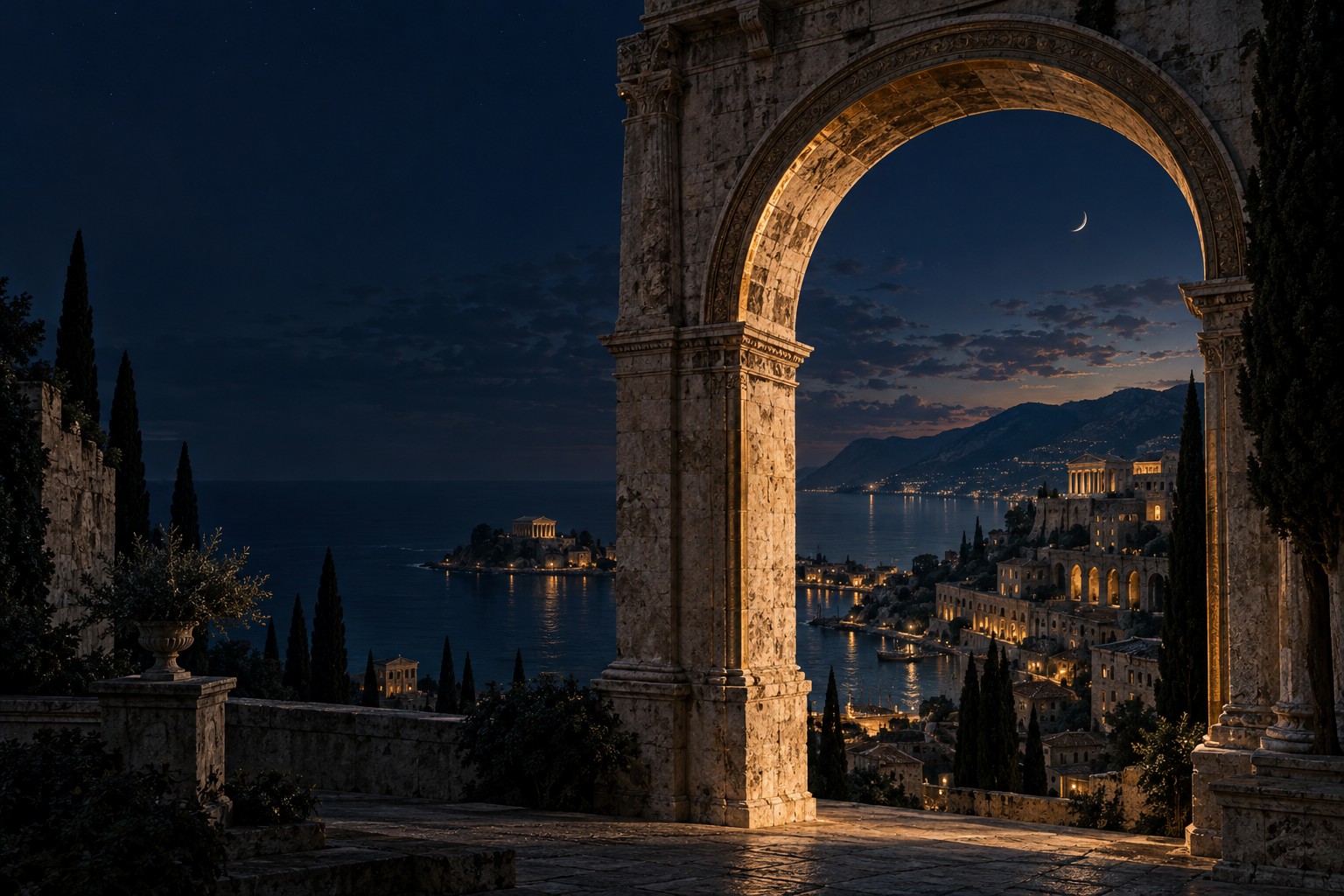 Bronze light crossing an ancient stone portal above a Mediterranean city at dusk