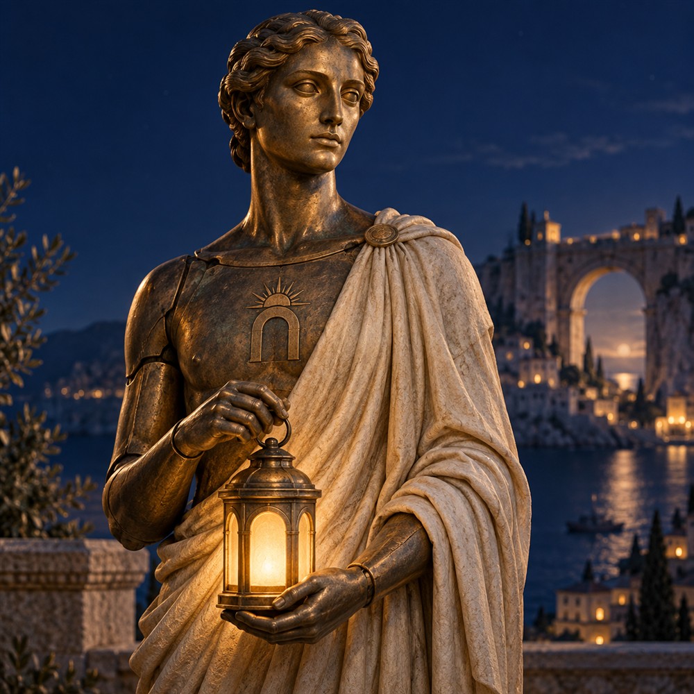 The fictional bronze guardian holding a warm lantern at the city gate